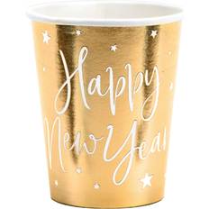 Nieuwjaar Papieren Bekers PartyDeco 6 Cups Happy New Year goud 220ml