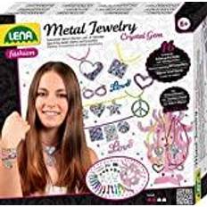 Lena 42658 Craft Jewellery with Crystal Gemstones, Complete 16 Metal Pendants, 6 Ribbons, 650 Rhinestones & Glitter, Set for Bracelets and Necklaces, Children from 8 Years, Multicoloured