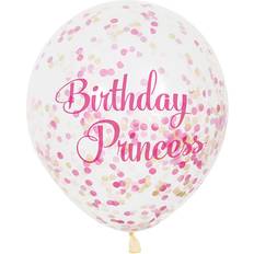 Prinsessa Ilmapallot Unique Party 58145 12" Clear Latex Balloons Pink Princess With Confetti 6ct, Multi-Colour, One Size