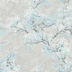 Seabrook Designs Cherry Blossoms Metallic Silver & Sky Blue Wallpaper