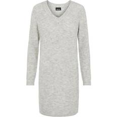 Pieces Ellen Long Sleeve V Neck Knit Dress - Light Grey Melange