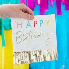 Ginger Ray Bright Rainbow Happy Birthday Paper Party Napkins with Gold Foil Fringing 16 Pack