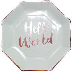 Sekskantede Engangstallerkner Ginger Ray Plates Hello World Mint/Gold 8-pack