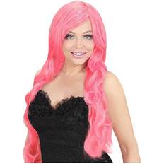 Rosa Lange parykker Widmann Long Curly Deluxe Wig Pink