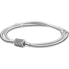 Pandora Moments Double Wrap Barrel Clasp Snake Chain Two Way Bracelet - Silver/Transparent