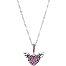 Pandora Rosa Halskæder Pandora Pavé Heart & Angel Wings Necklace - Silver/Pink