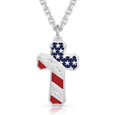 Men - Silver Plated Necklaces Montana Silversmiths Born In the USA Patriotic Cross Necklace - Silver/Blue/Red