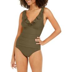 DKNY Ruffle Plunge Underwire Tummy Control One-Piece Swimsuit - Moss