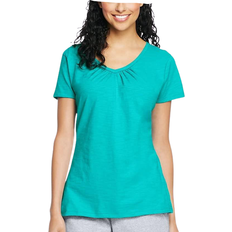 Hanes Women's Slub Jersey Shirred V-Neck Tee - Eco Teal