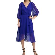 DKNY Balloon-Sleeve Faux-Wrap Dress - Berry Blue