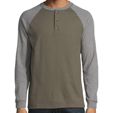 Hanes T-shirts Hanes Beefy-T Long-Sleeve Colorblock Henley T-shirt - Camouflage Green/Oxford Green