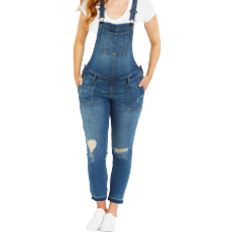 Indigo Blue Side Panel Letdown Hem Maternity Overalls Medium Wash (92848-97)