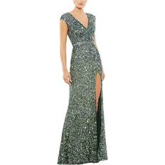 Mac Duggal Cap Sleeve Sequined High Slit Gown - Forest Green