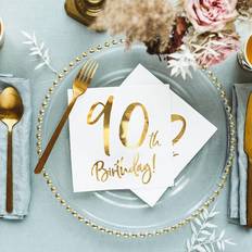 PartyDeco Tovaglioli 90 Geburtstag Weiss mit Golddruck 20x 33 x 33 cm