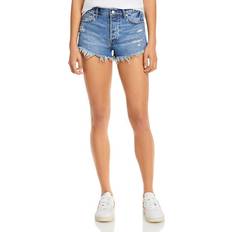 Free People Loving Good Vibrations Cotton Frayed Denim Shorts - Mid Indigo