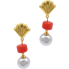 Shell Drop Drop Earrings - Gold/Pearl/Red