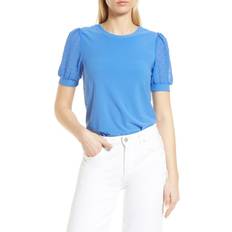 CeCe Puff Sleeve Mixed Media Top - Blue