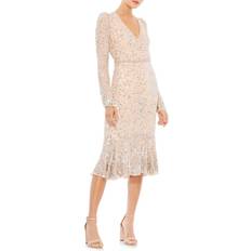 Mac Duggal Long Sleeve Sequin Sheath Dress - Nude Silver