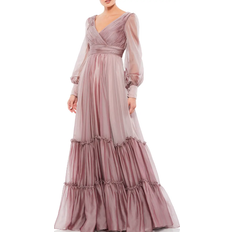 Mac mocha Mac Duggal Long Sleeve Satin & Chiffon Tiered Gown - Mocha