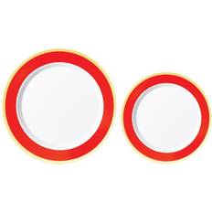 Red Disposable Plates Amscan Round Hot-Stamped Plastic Bordered Plates, Apple Red, Pack Of 20 Plates