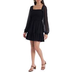 1.State Smock Bodice Ruffle Hem Long Sleeve Minidress - Rich Black