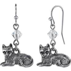 Detail Pewter Cat Wire Drop Earrings - Silver/Transparent