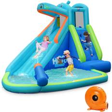 Water Slide Costway Inflatable Hippo Slide & Pool with Air Blower