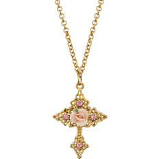 1928 Jewelry Rose Cross Filigree Necklace - Gold/Pink/Green