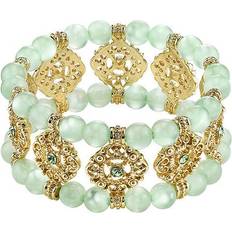 1928 Jewelry Smooth Bead Filigree Stretch Bracelet - Gold/Green