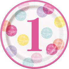 Unique Party Paptallerkener Prikkede 1 År Lyserød 8-pak