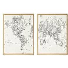 Framed Art Kate & Laurel Sylvie Black/White Modern Retro World Map 2pcs Framed Art 45.7x61cm 2pcs