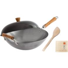 Ceramic Hob Wok Pans Uncoated Carbon Steel with lid 14 "