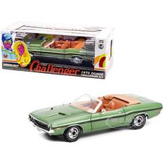 GreenLight 1970 Dodge Challenger R/T Convertible F8 Green Metallic with Black Stripes and Deluxe Wheel Covers 1/18 Diecast Model Car instock 13586