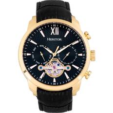 Heritor Automatic Arthur Semi-Skeleton Leather-Band W/ Day/Date Gold/Black