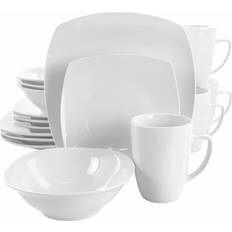 Porselein Serviessets Elama Bishop 16-Pc Soft Square Porcelain Dinnerware Set in White Dinner Set