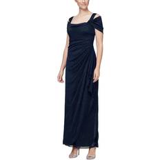 Cold-Shoulder Draped Metallic Gown - Navy Blue