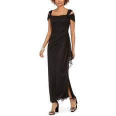 Cold-Shoulder Draped Metallic Gown - Black