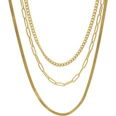 Curb Chain Paper Clip Chain and Herringbone Chain Necklace Set - Gold