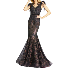 Illusion Sequin Lace Feather Sleeve Mermaid Gown - Black