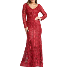 Mac Duggal Embroidered Long Sleeve V Neck Trumpet Gown - Burgundy