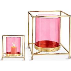 Glas - Guld Lysestager Gift Decor Lyseholder Firkantet Pink Gylden Metal Glas (14 x 15,5 x 14 cm) Lysestage
