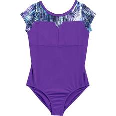 Purple Swimwear Children's Clothing Rainbeau Moves Girl's Seismic Waves Stripe Short Sleeve Mesh Leotard - Purple (RB6835G)