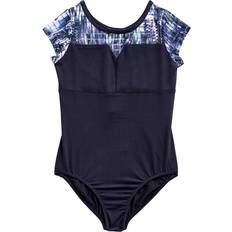 Rainbeau Moves Girl's Seismic Waves Stripe Short Sleeve Mesh Leotard - Black (RB6835G)