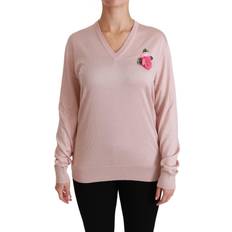 Dolce & Gabbana Pink Jumpers Dolce & Gabbana Women's Floral Embellished Pullover Silk Sweater TSH4453 IT42