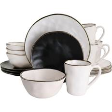 Porcelain Dinner Sets Elama Roman 16Pc Stoneware Dinnerware Set, Assorted Matte w/ Gold Rim Dinner Set