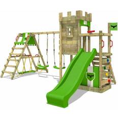 Fatmoose Wooden Climbing Frame Boldbaron with Swing Set SurfSwing & Apple Green Slide Knights Playhouse with Sandpit Climbing Ladder & Play Accessories