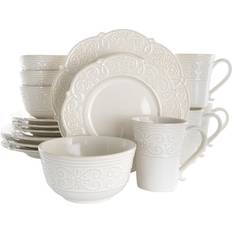 Elama EL-LUNA16 16 Piece Luna Embossed Scalloped Stoneware Dinnerware Set, White Dinner Set