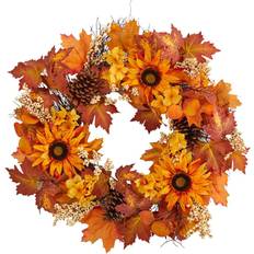 Flowers 28” Maple Leaves, Sunflower, White Berries Fall Wreath