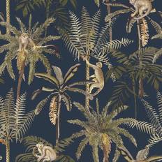 Amazonia Monkey Trees Jungle Wallpaper Navy Blue World of Wallpaper WOW038