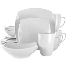 Elama Hayes 16-Pc Square Porcelain Dinnerware Set in White Dinner Set 4pcs